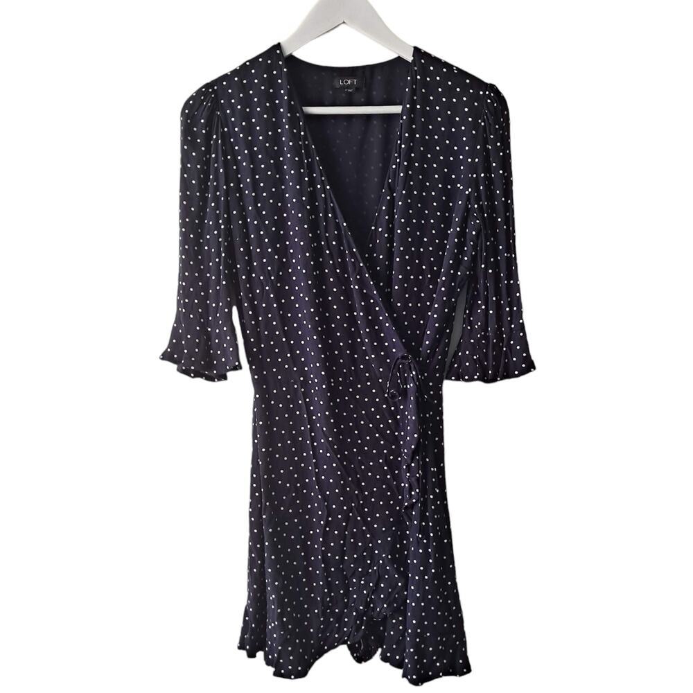 Loft Navy Blue Polka Dotted Short Bell Sleeve Ruffle Wrap Romper Dress - Size 2